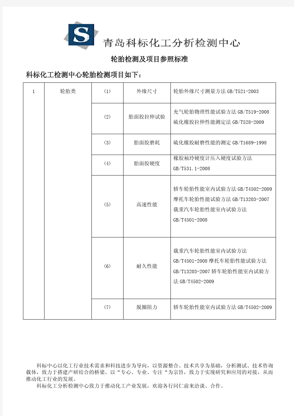 轮胎检测及项目参照标准(科标化工)