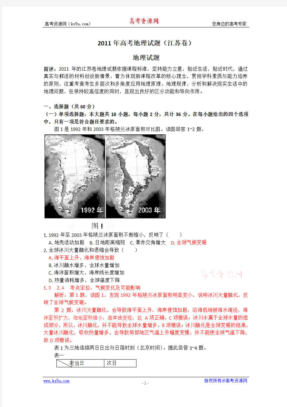 2011年江苏高考地理试题  解析