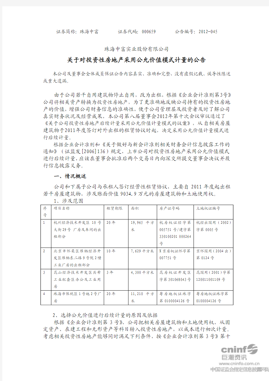 关于对投资性房地产采用公允价值模式计量的公告