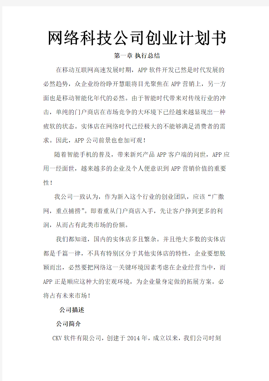 网络科技公司创业计划书