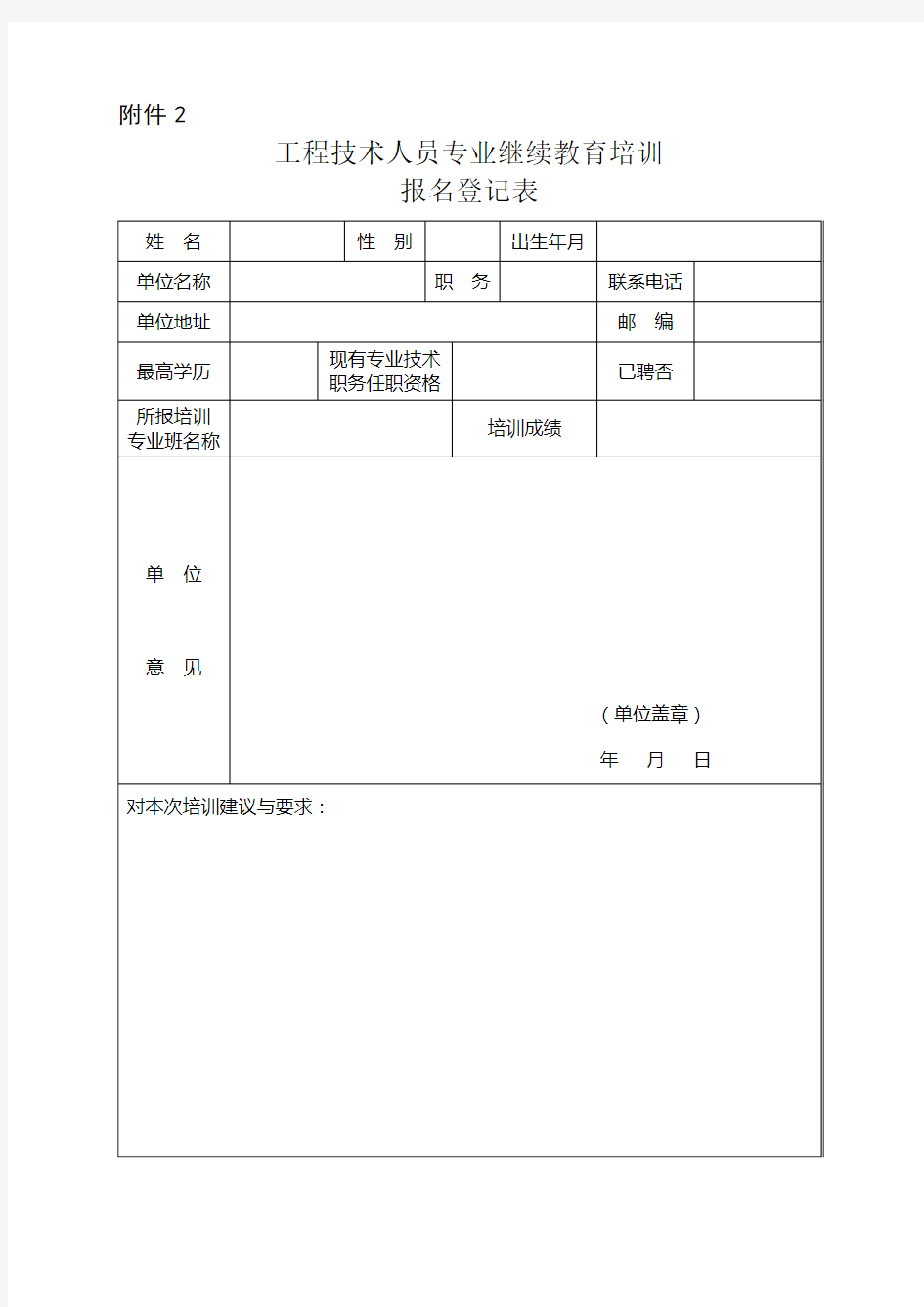 工程技术人员专业继续教育培训报名登记表【模板】