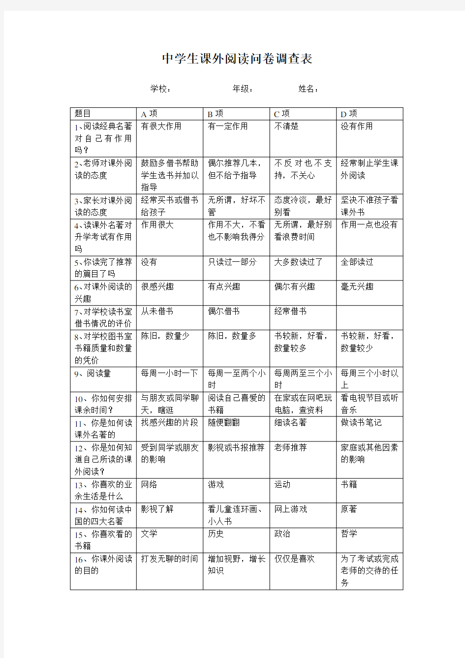 中学生课外阅读问卷调查表