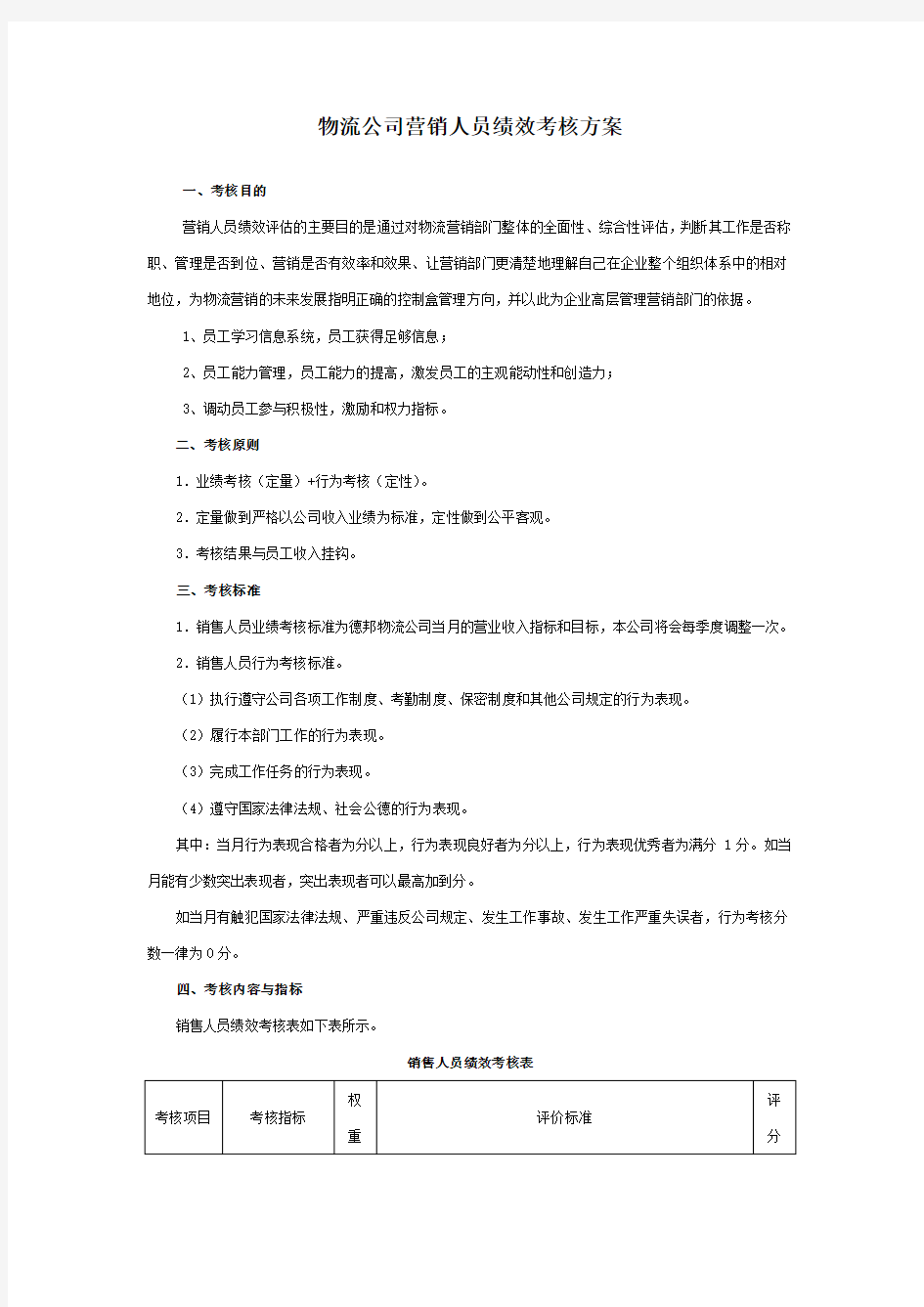 物流公司营销人员绩效考核方案