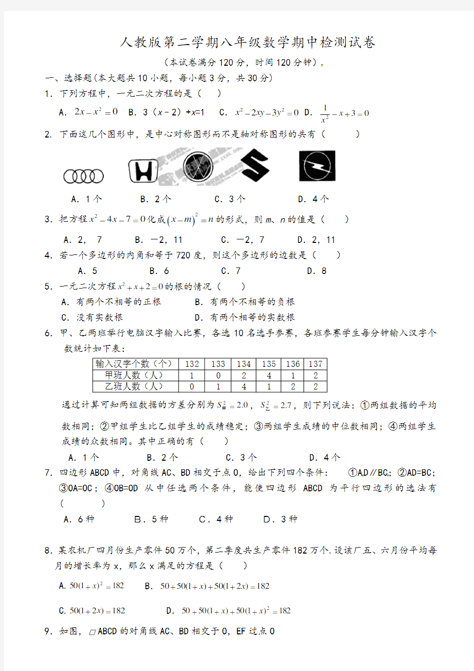 八年级下期中考试数学试题及答案