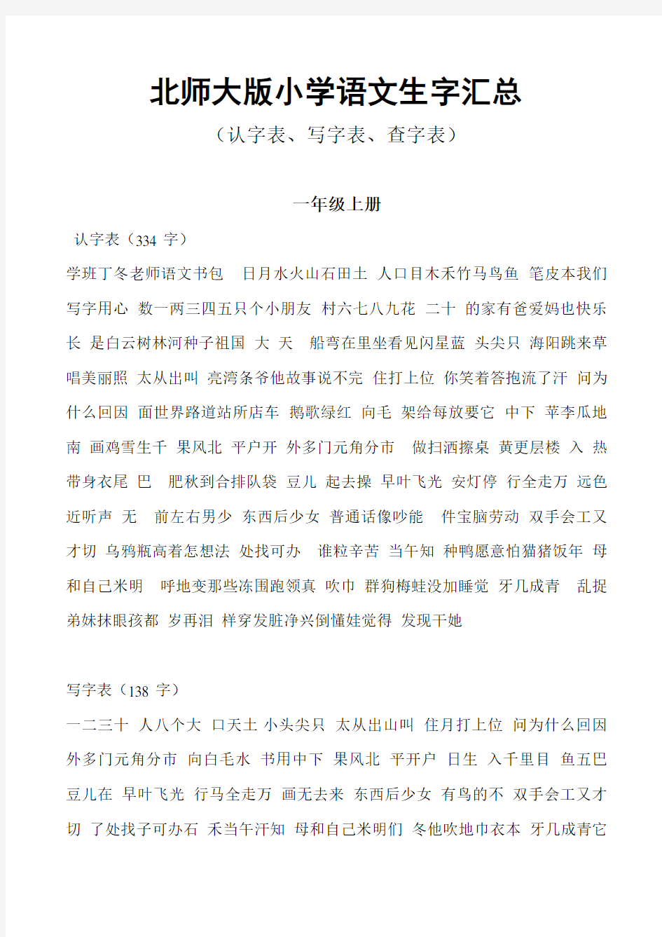 北师大版小学语文生字汇总概要