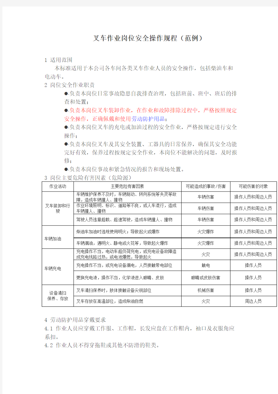 叉车作业岗位安全操作规程