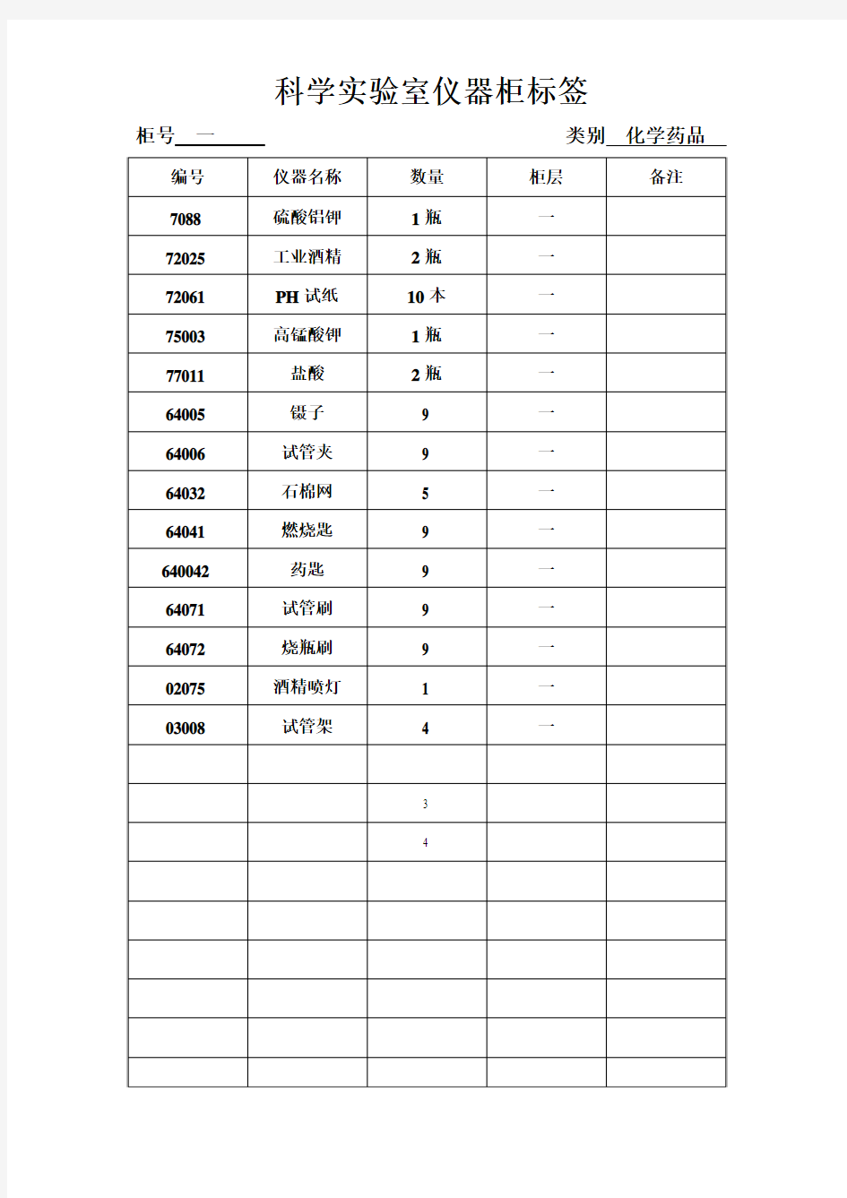 科学实验室仪器标签表格