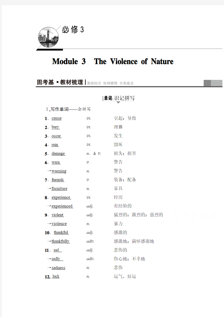 2018届高考英语基础知识复习学案15 必修三 Module 3 The Violence of Nature