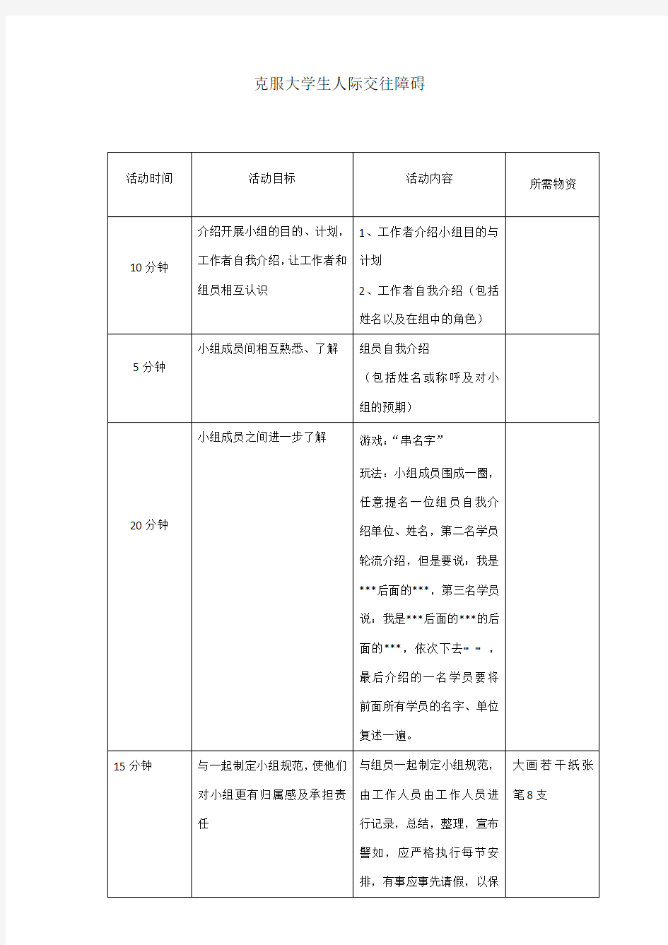 社会工作小组活动计划