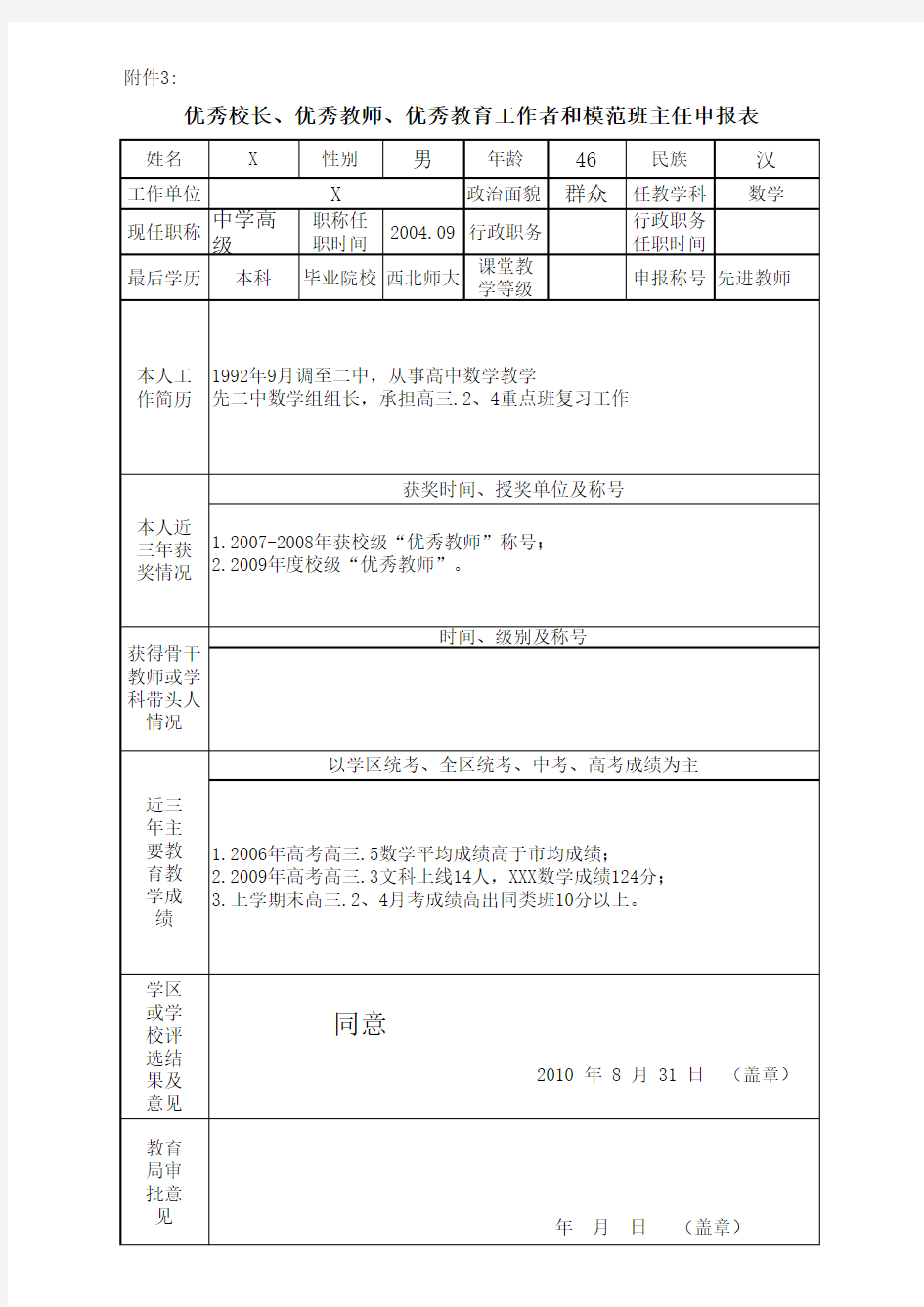 优秀教师、优秀教育工作者和模范班主任申报表