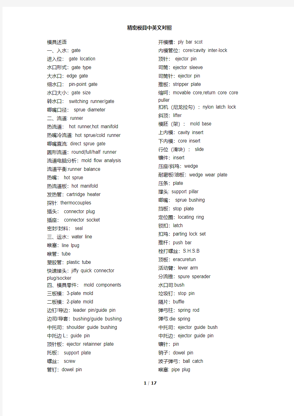 模具专业英文术语大全2018版