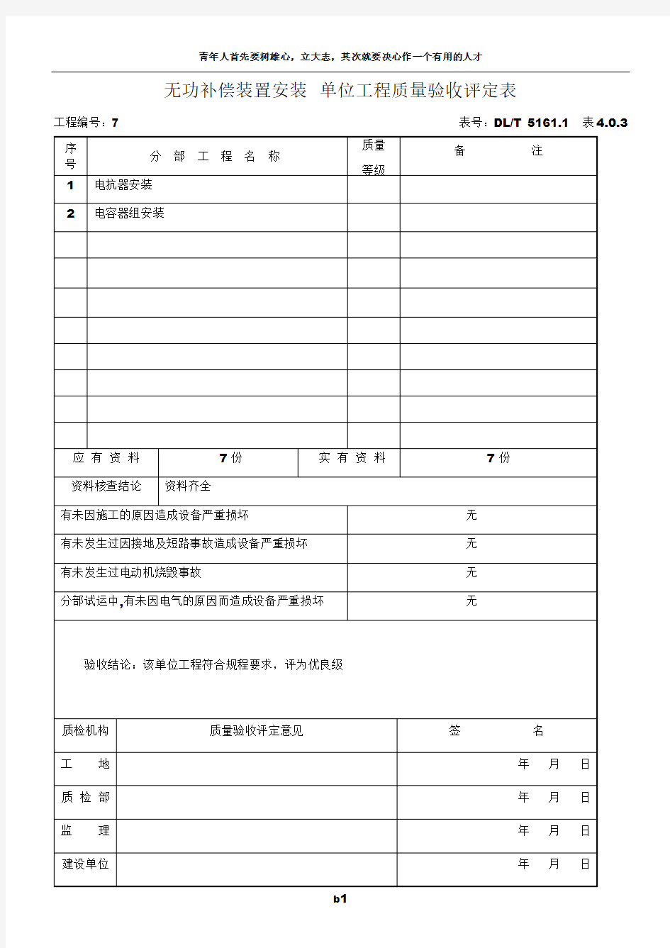 (3)无功补偿装置安装 单位工程质量验收评定表