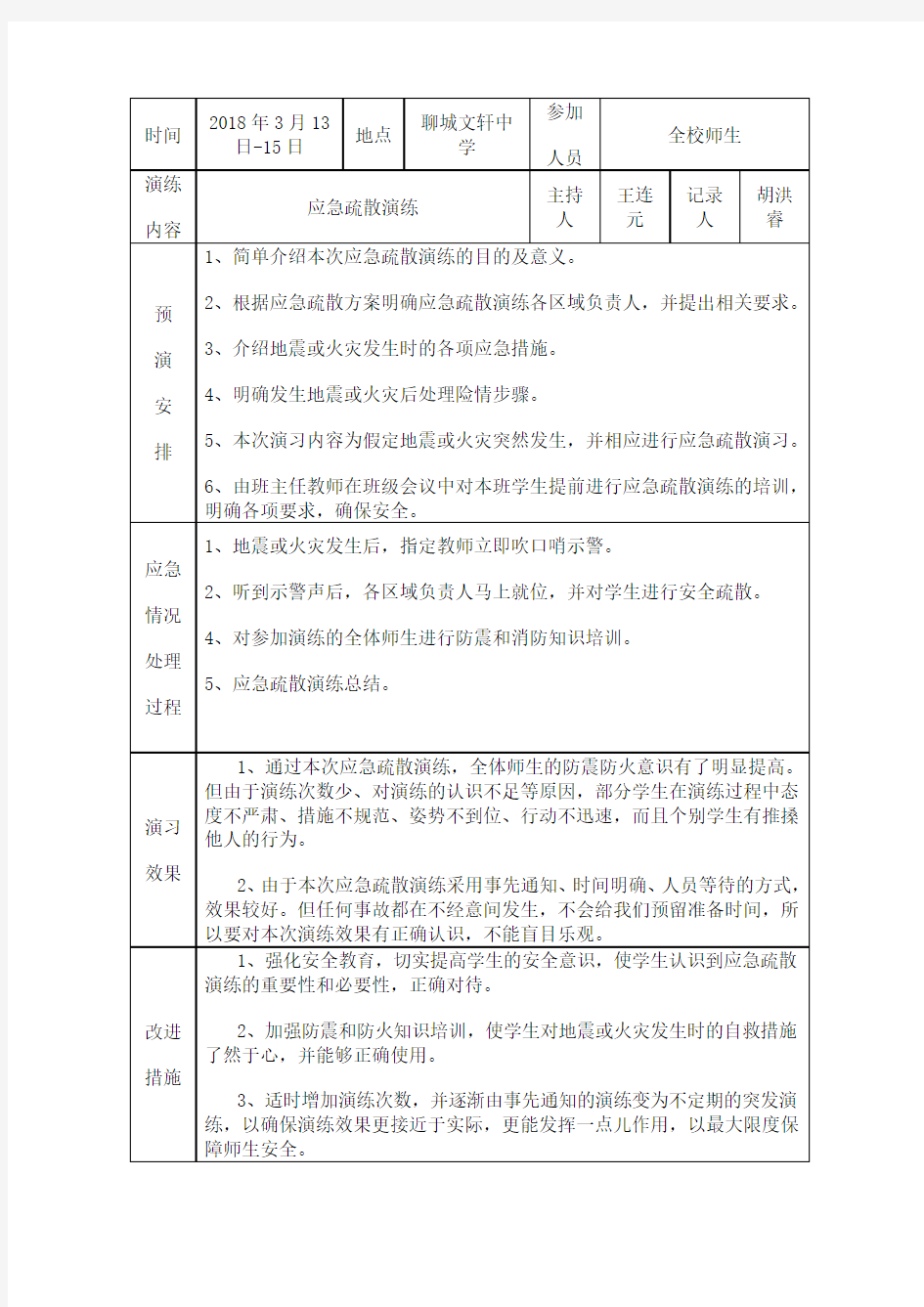 防震应急演练记录