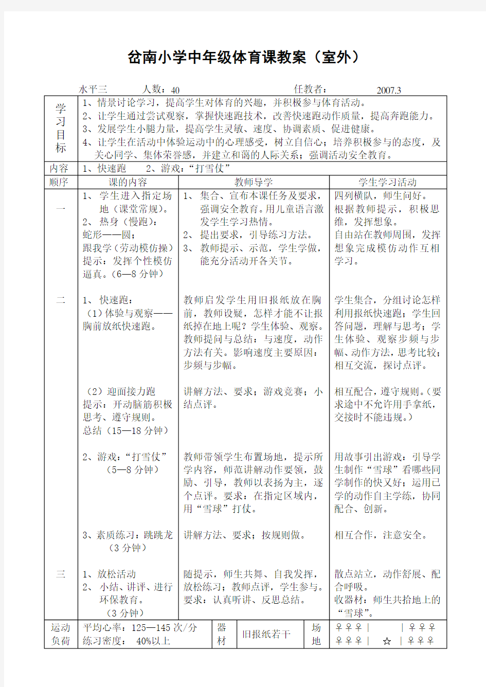 小学快速跑体育课教案(室外)