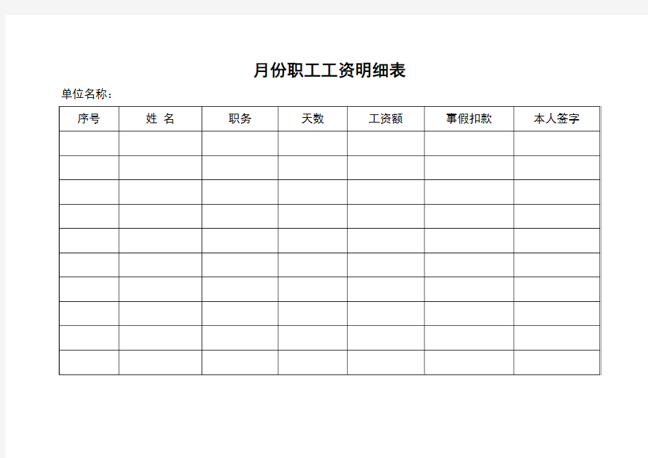 月份职工工资明细表