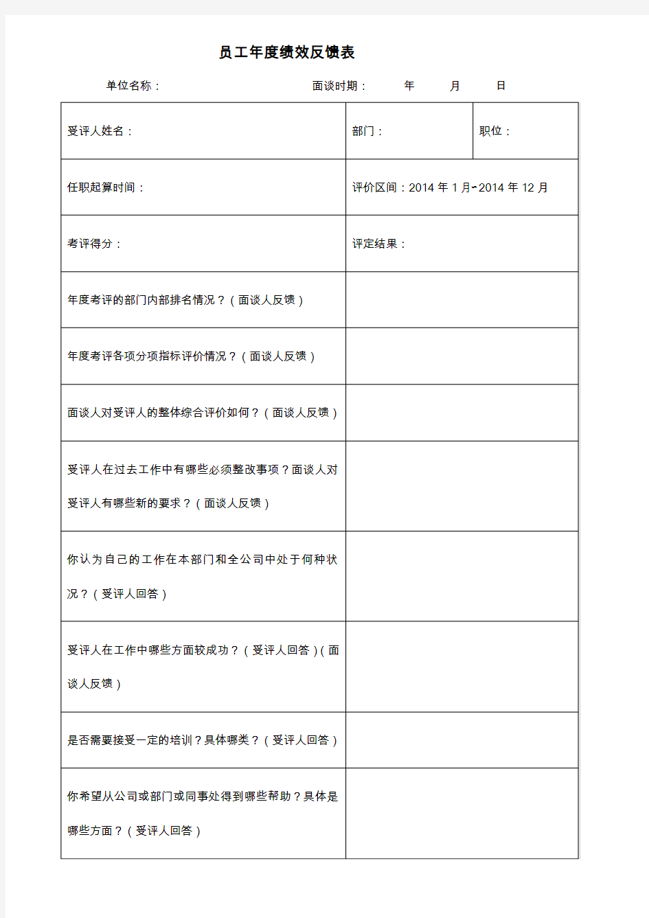 员工年度绩效反馈表