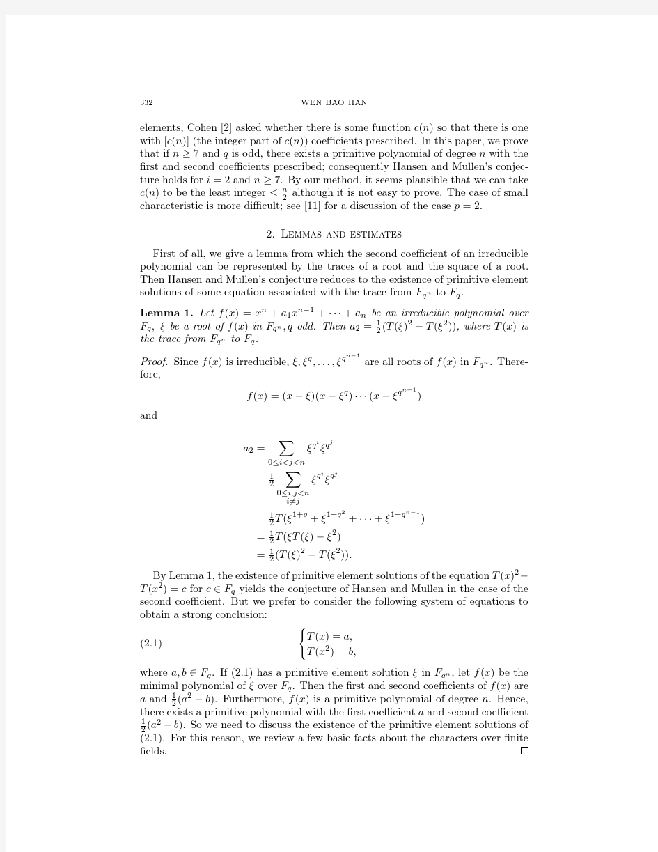 The coefficients of primitive polynomials over finite fields