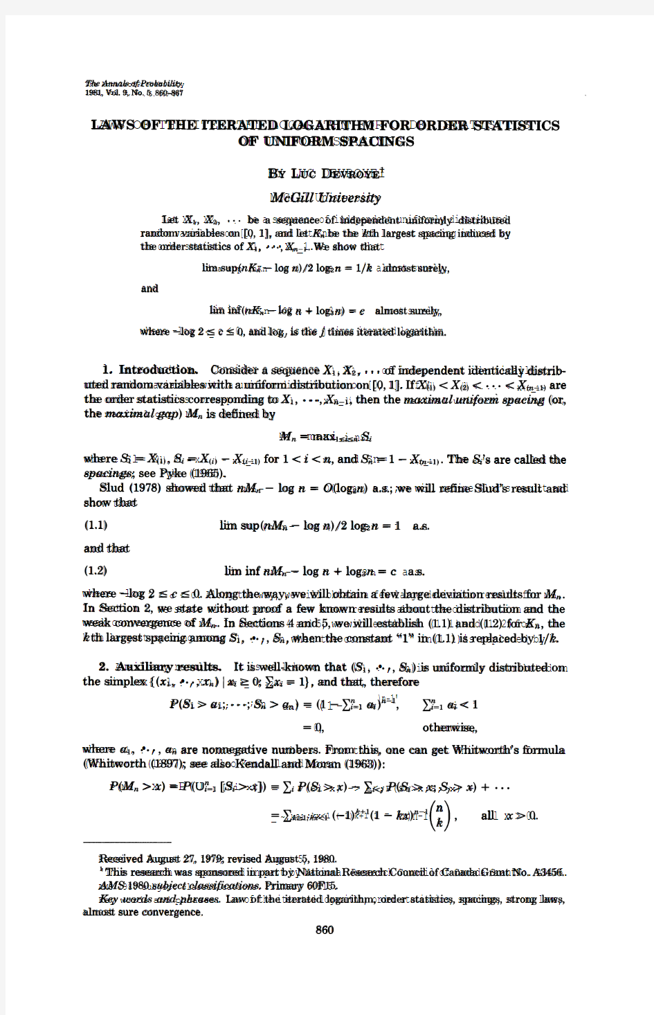 LAWS OF THE ITERATED LOGARITHM FOR ORDER STATISTICS OF UNIFORM SPACINGS BY LUC DEVROYE I