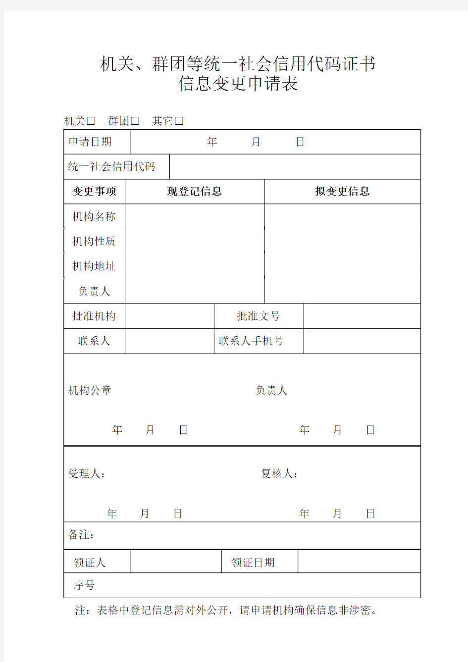 机关、群团等统一社会信用代码证书信息变更申请表