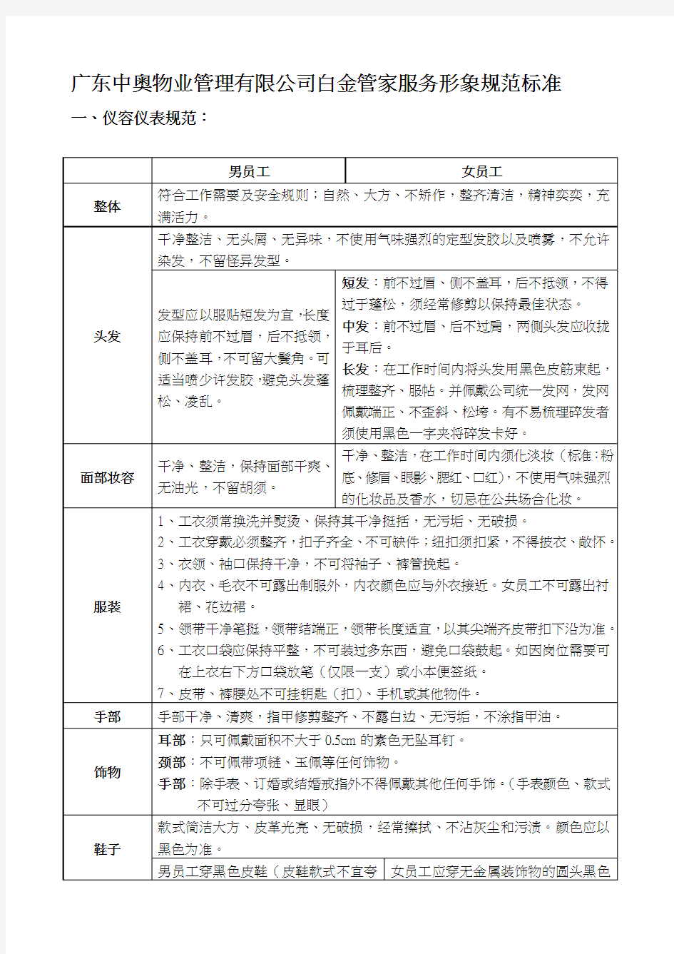 员工仪容仪表规范准则