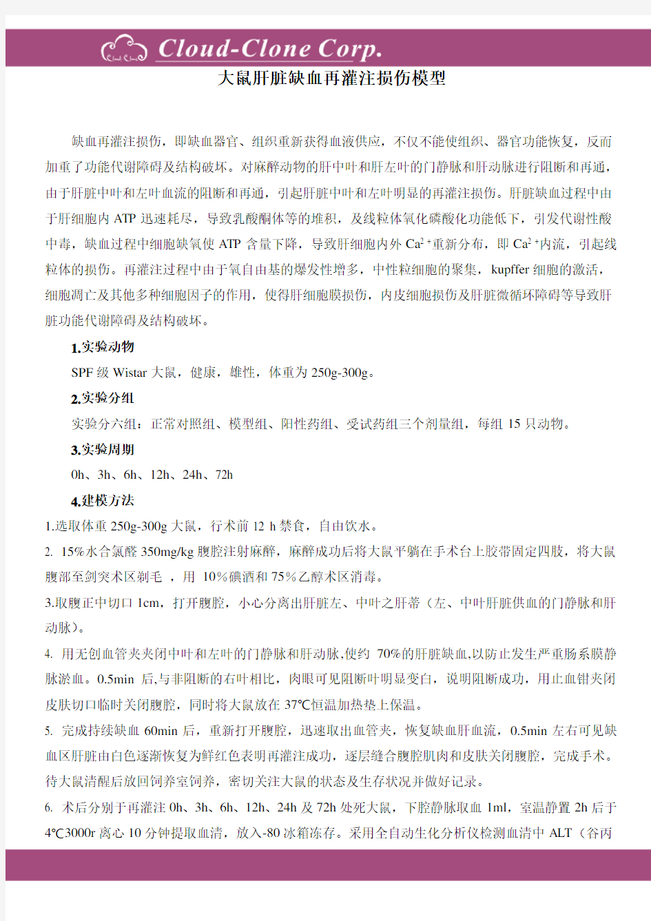 大鼠肝脏缺血再灌注损伤模型