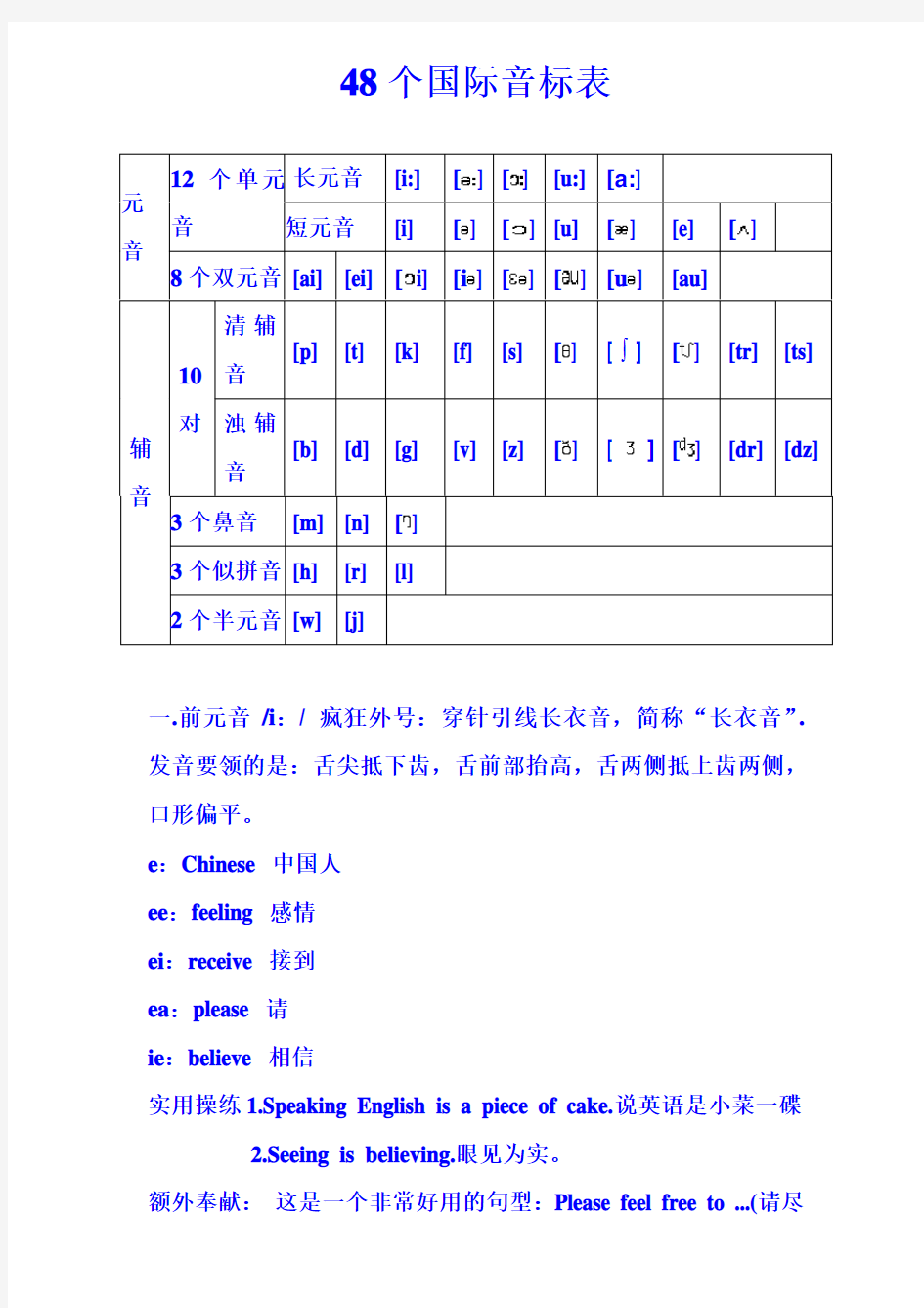 48个国际音标表(打印版)已整理