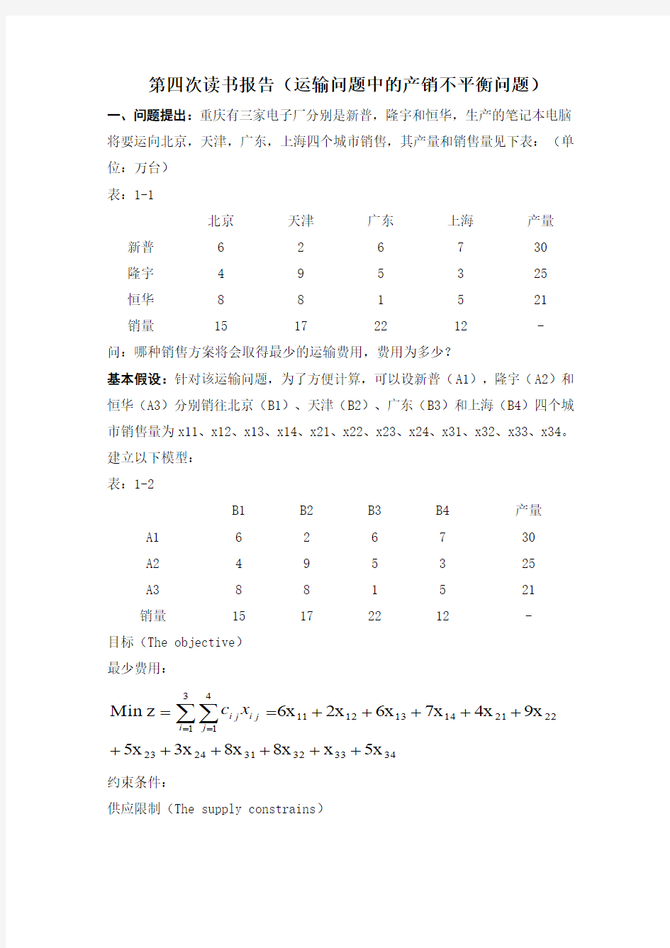 运筹学产销不平衡报告