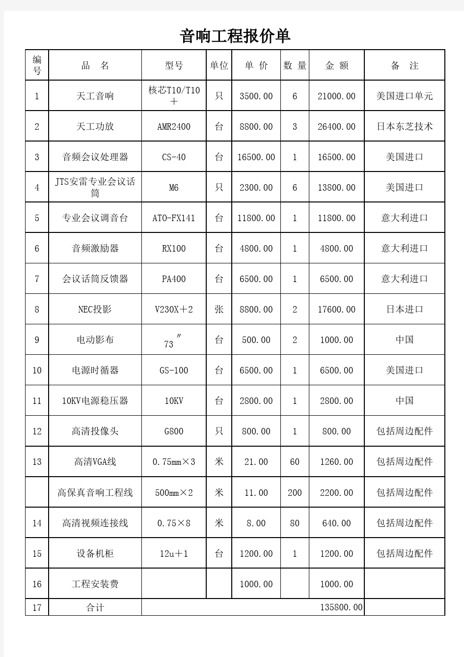 音响工程报价单1