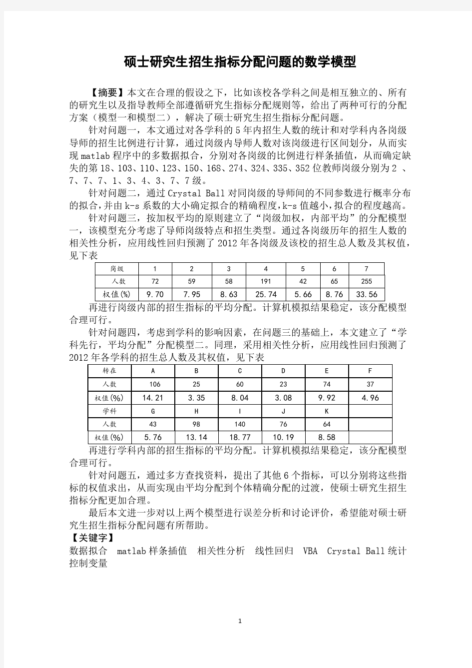 硕士研究生招生指标分配问题的数学模型论文