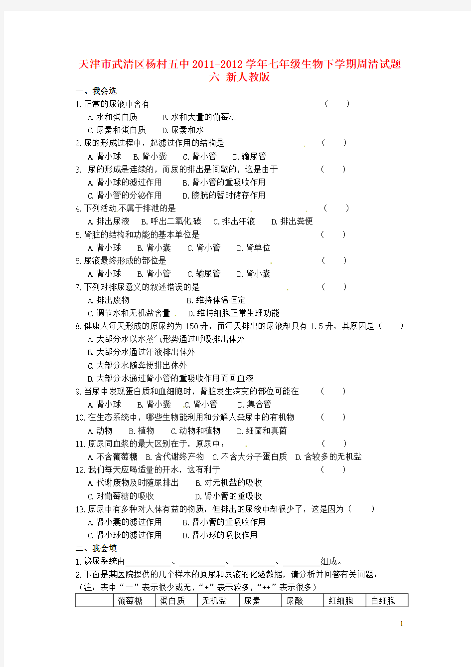 七年级生物下学期周清试题六(无答案) 新人教版