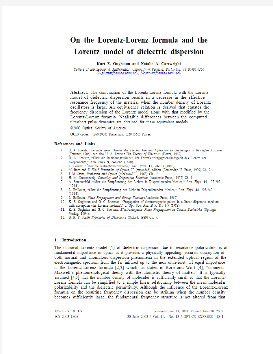 On the Lorentz-Lorenz formula and the Lorentz model of dielectric dispersion