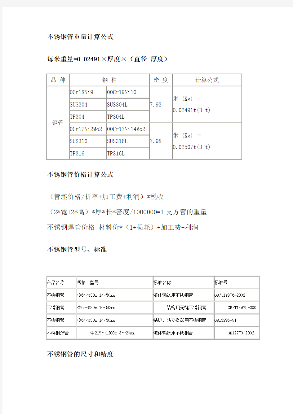 不锈钢管重量计算公式