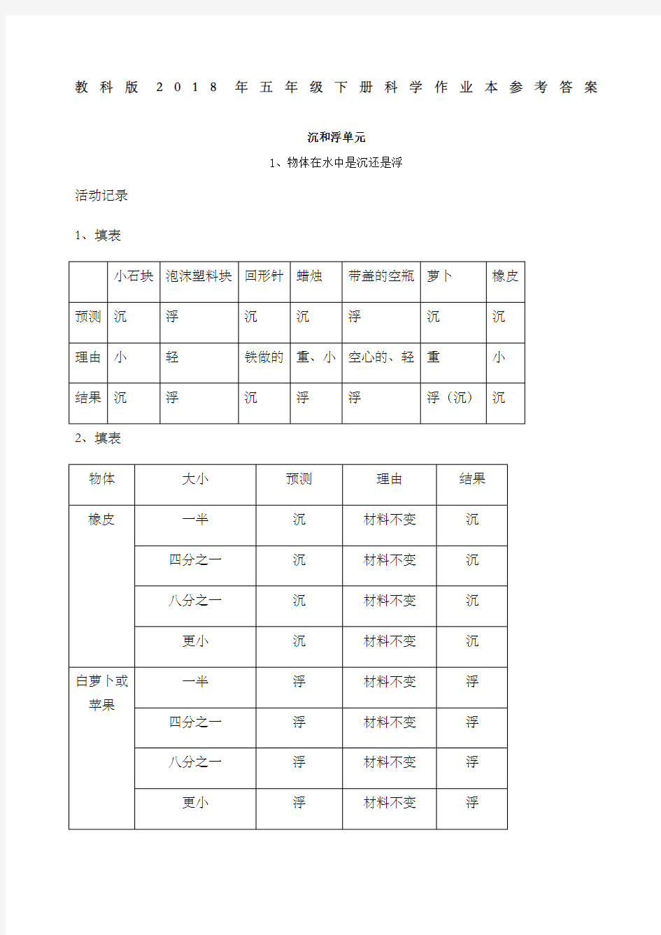 科学五年级下册作业本参考答案