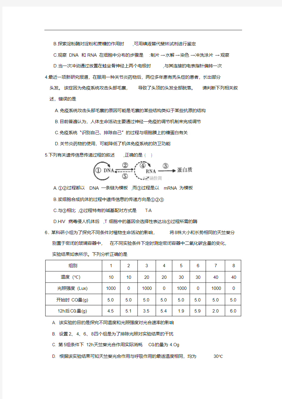 江西省2018届高三六校联考理科综合试卷