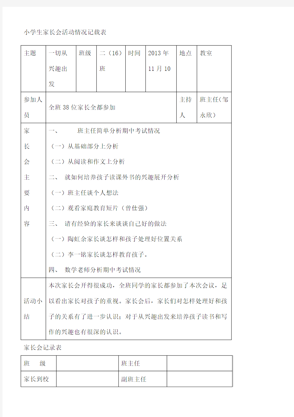 小学生家长会活动情况记录表