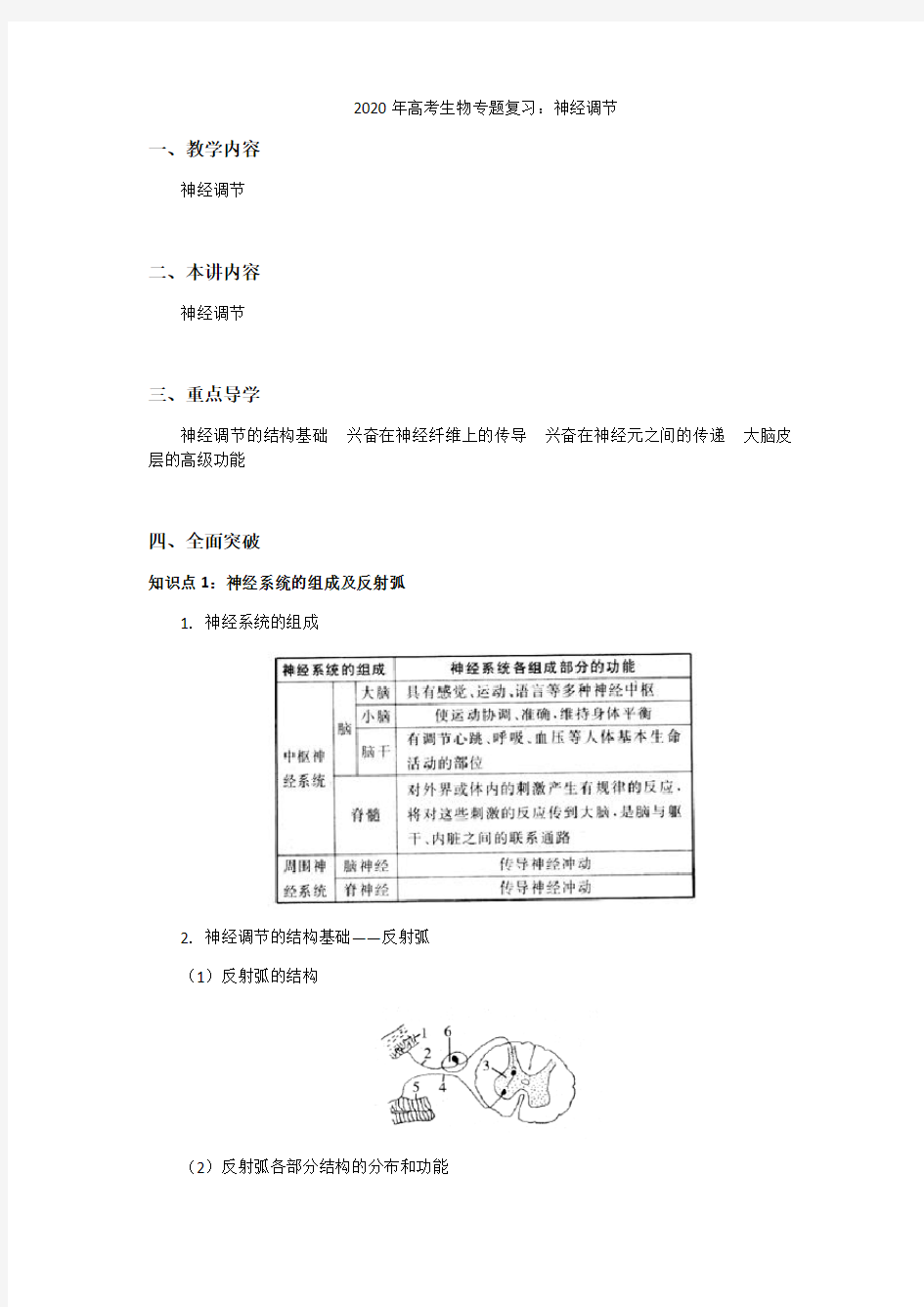 2020年高考生物专题复习：神经调节