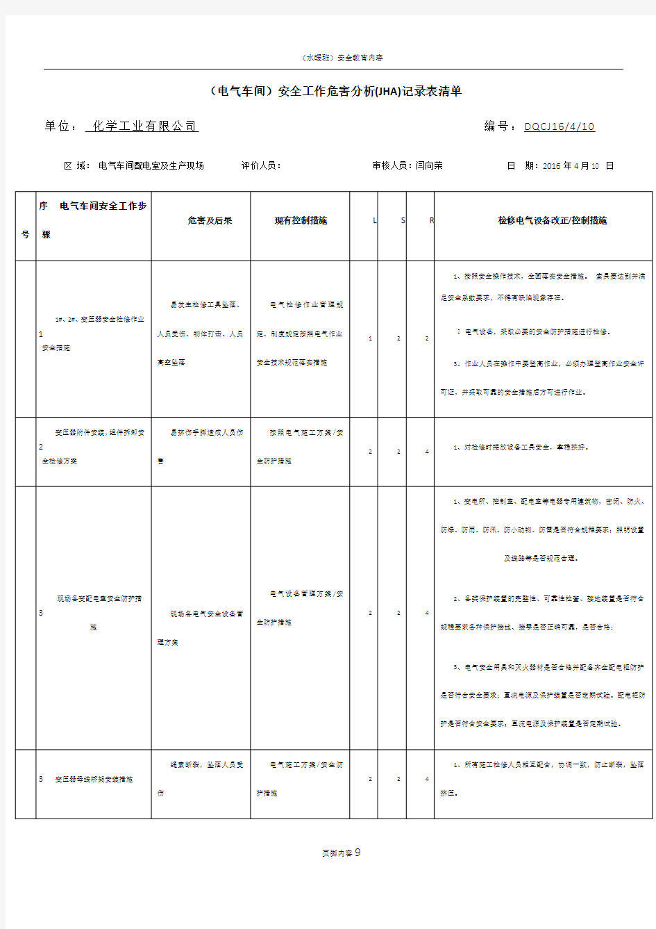 (电气车间)安全工作危害分析(JHA)记录表清单   2