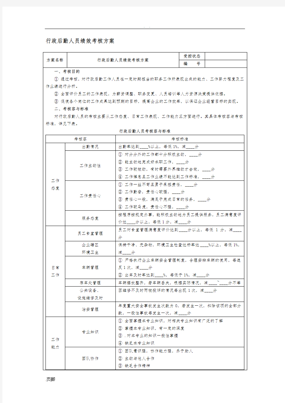 行政后勤人员绩效考核方案