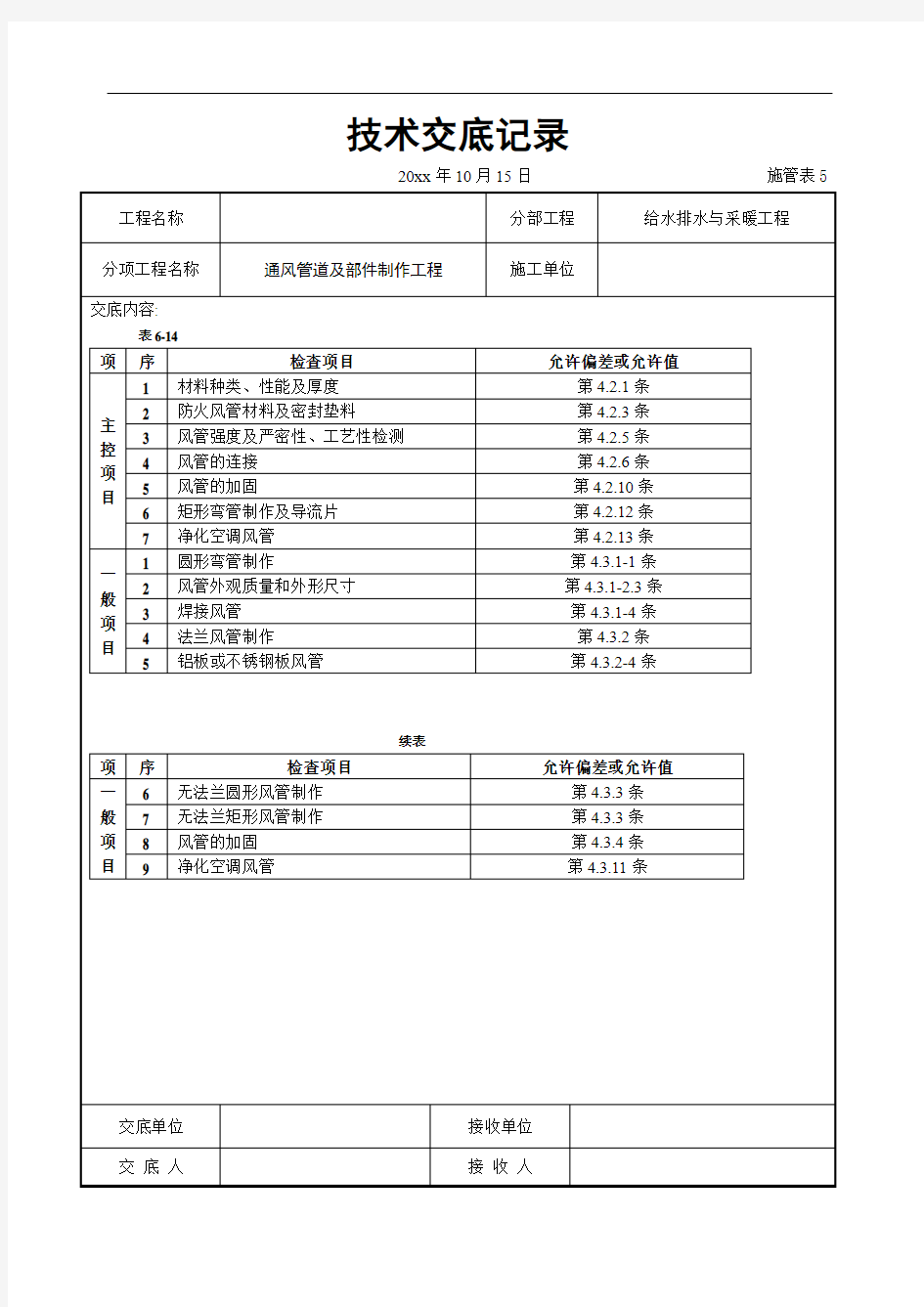 通风管道及部件制作工程主要交底内容(含详细内容)