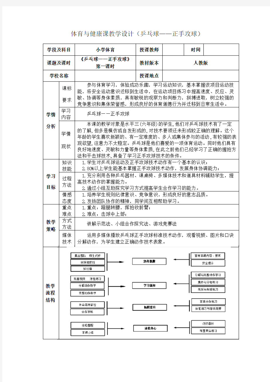 新人教版五至六年级体育下册《球类运动  4.乒乓球  1.正手快攻》公开课教案_14