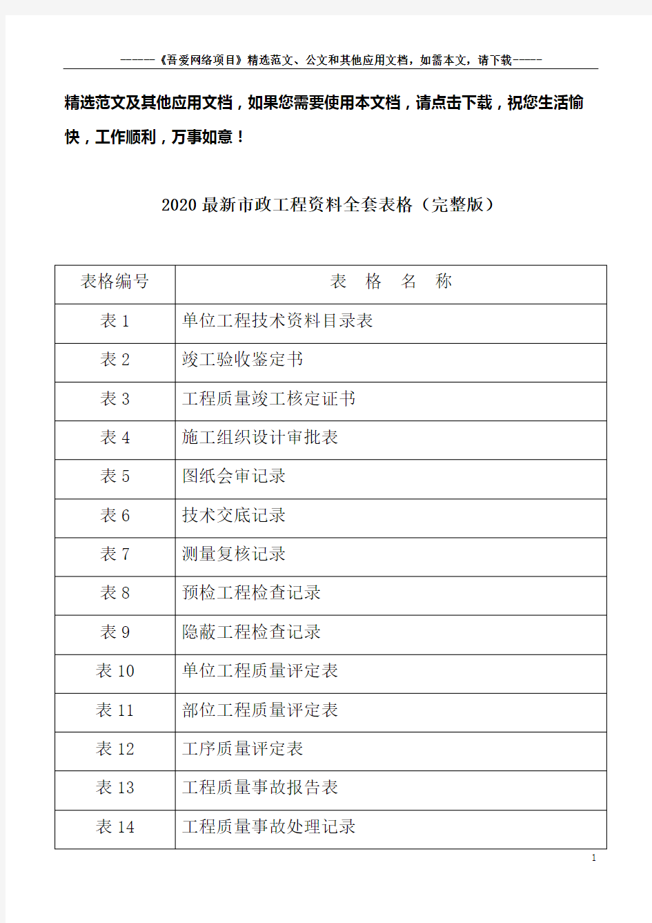 2020最新市政工程资料全套表格(完整版)