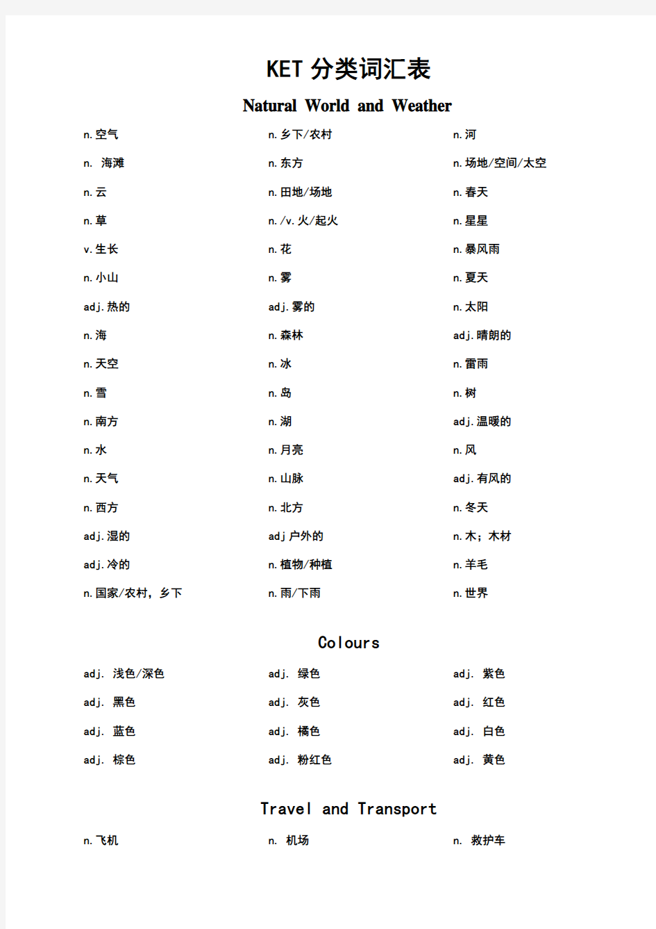 ket分类词汇表-看中文默写用