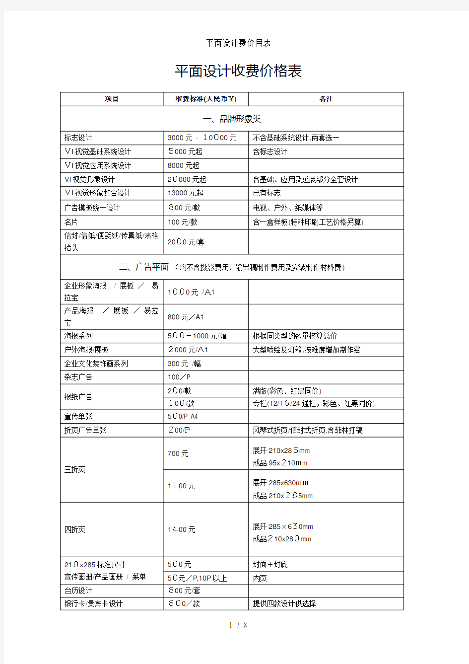 平面设计费价目表