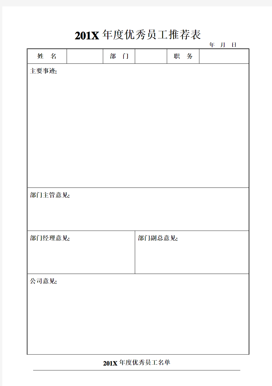 2016年度优秀员工评选推荐表