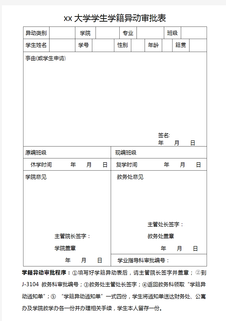 xx大学学生学籍异动审批表