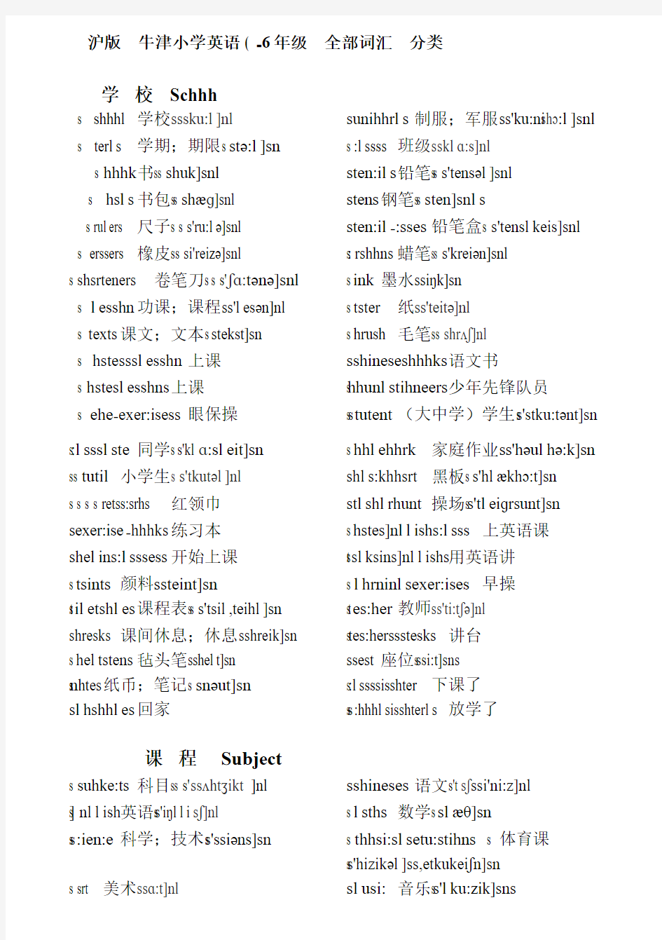 上海版小学牛津英语单词汇总