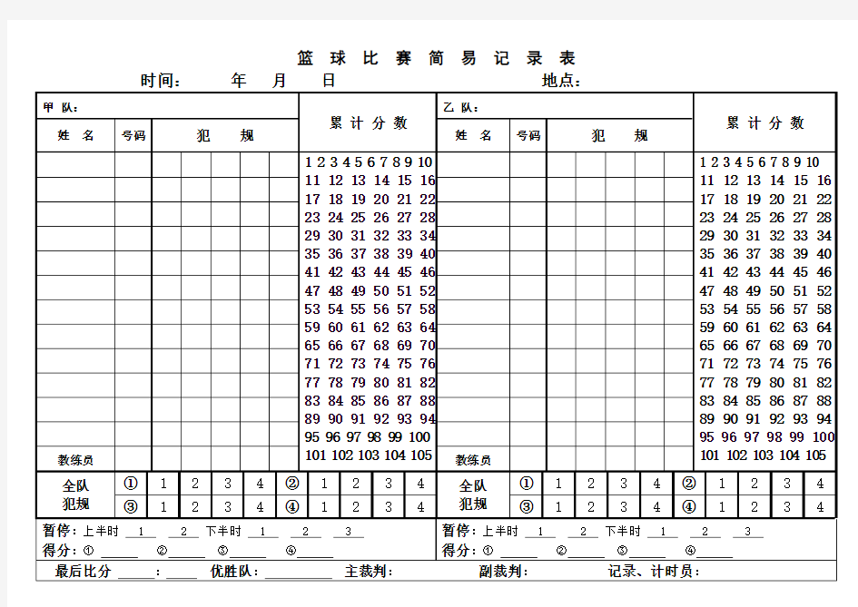 篮球比赛简易记录表