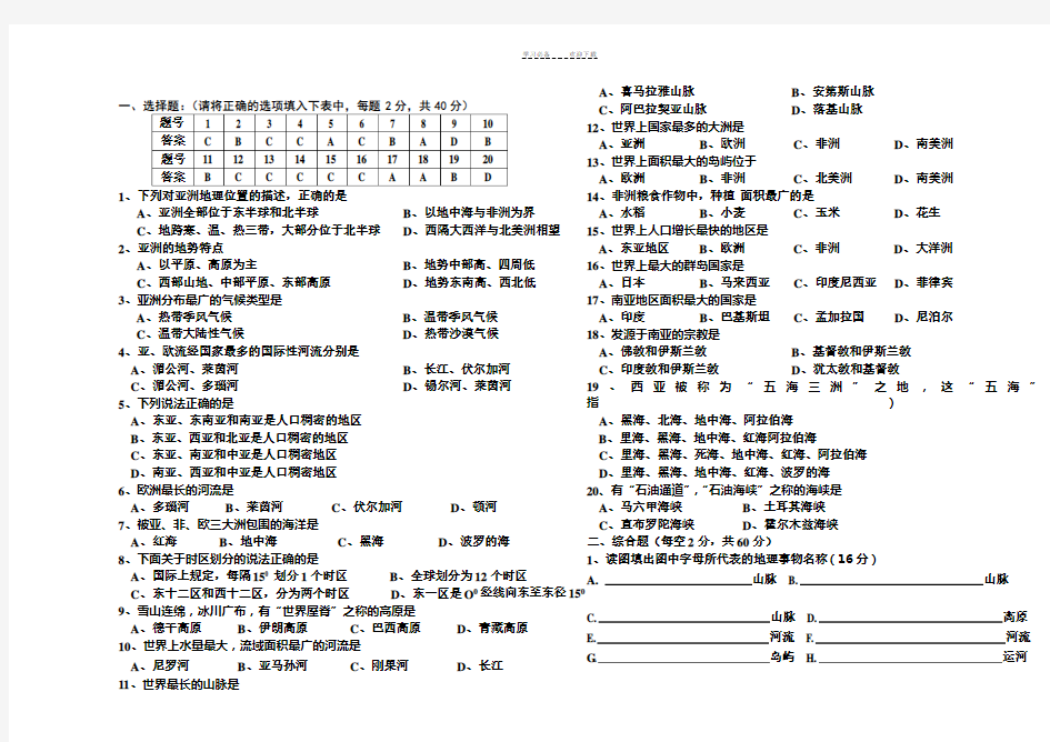 人教版七年级下册地理期中考试试卷及答案