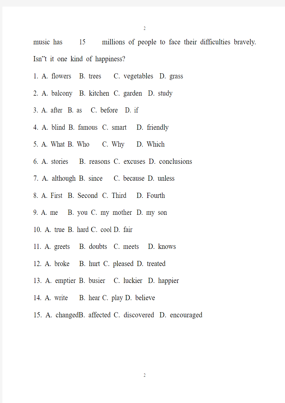 中考初三英语--完形填空15个空题型汇编-(附答案)