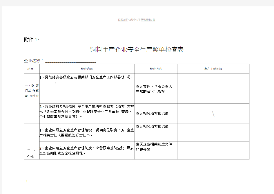 饲料生产企业安全生产照单检查表